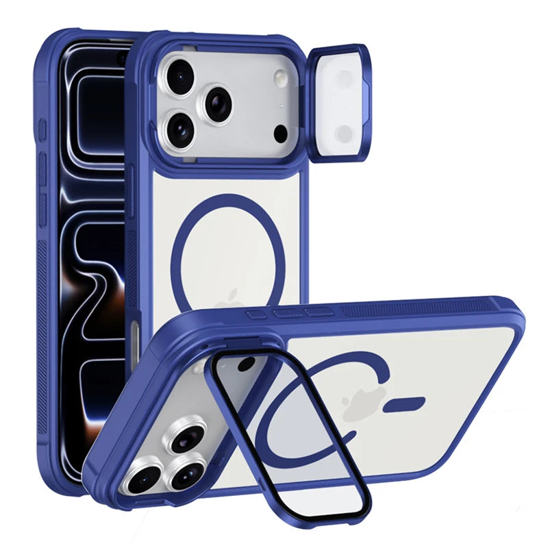 A blue magnetic shockproof iPhone case with a camera lens protection cover and a transparent display case.
