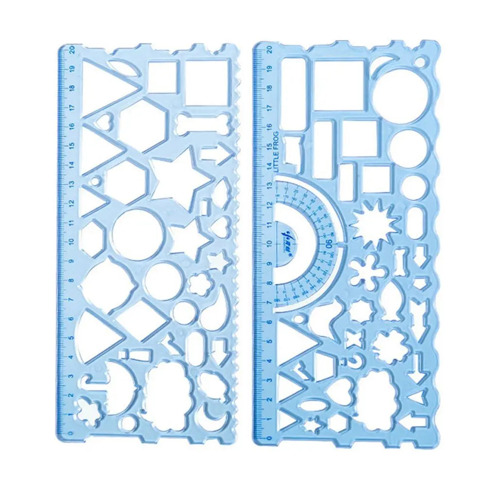 A set of light blue plastic multi-shape geometric drawing templates and rulers for design and drafting.