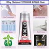 A bottle of FITTDYHE B7000 glue with various features listed including transparency, stickiness, low odor, and waterproof pro