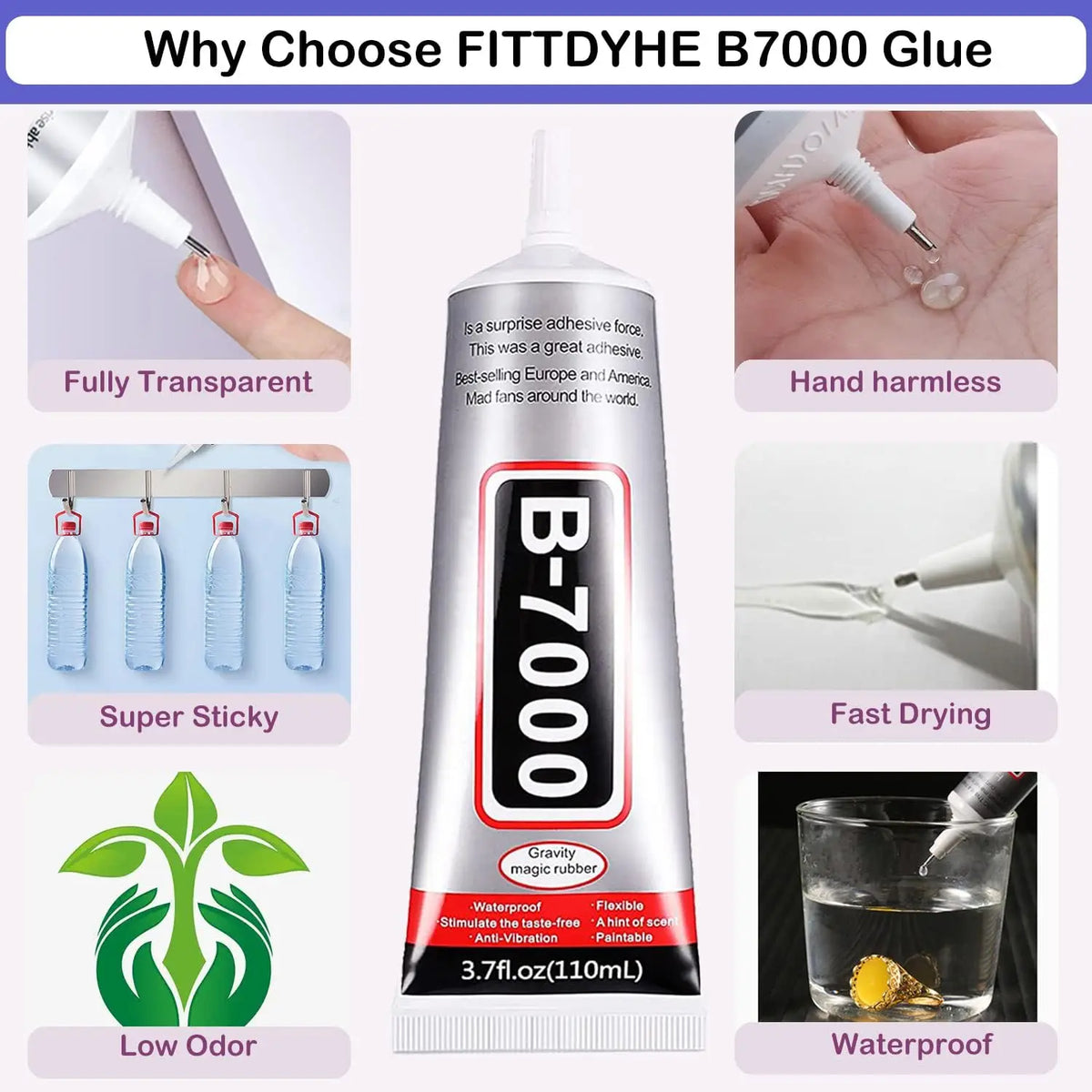 A bottle of FITTDYHE B7000 glue with various features listed including transparency, stickiness, low odor, and waterproof pro