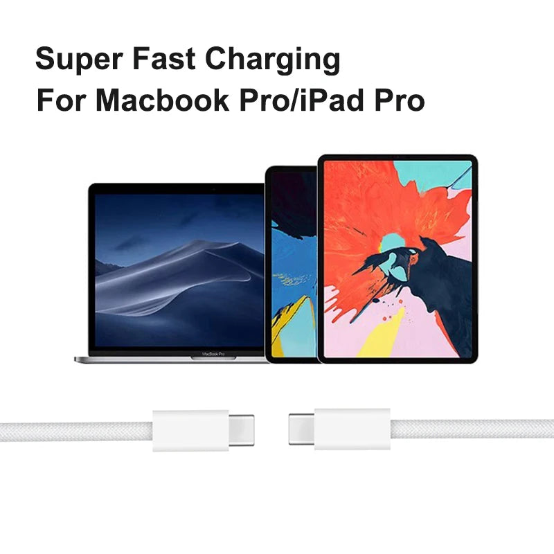 Weißes geflochtenes USB-C auf USB-C Ladekabel neben einem MacBook Pro und einem iPad Pro.