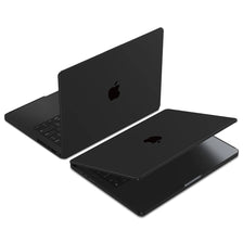 A black slim protective case for a MacBook Pro or Air laptop is shown in an open, folded position.