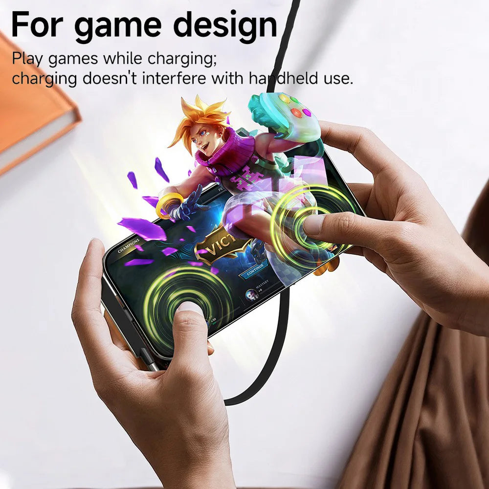 Hands hold a phone with a game design character on the screen while charging, demonstrating interference-free use.