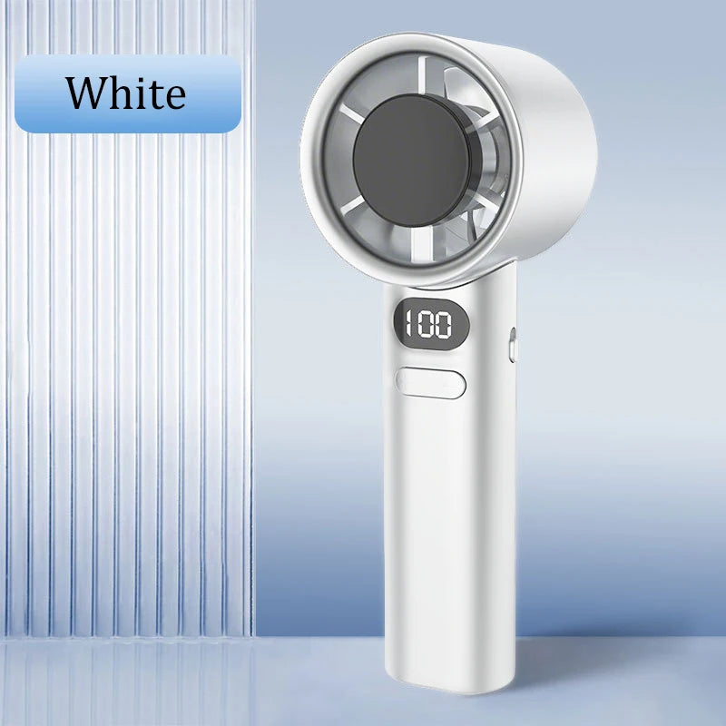 A white handheld bladeless cooling fan with a digital display showing 100 percent power.