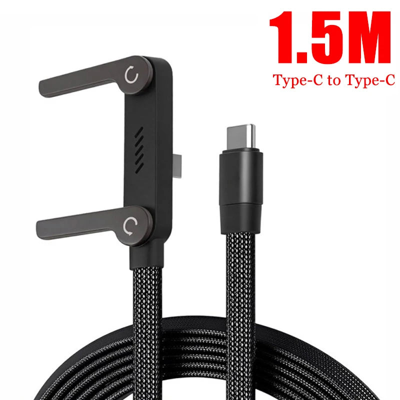 A black foldable Type-C to Type-C charging cable with a phone holder attachment.