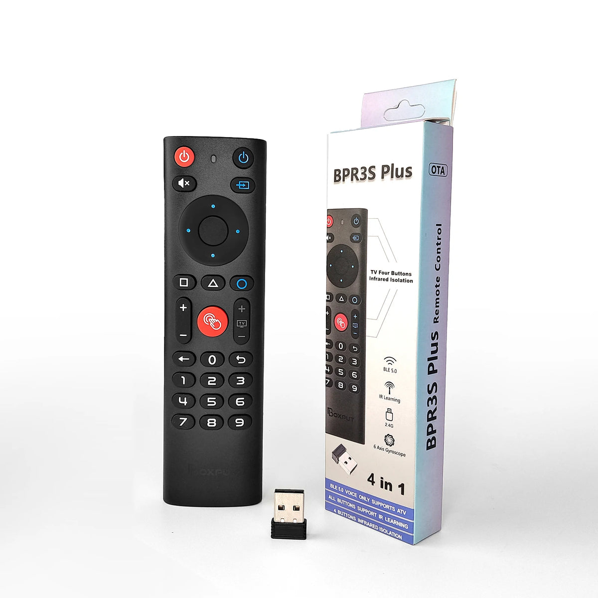 Black BPR3S Plus remote control for a wireless gyro air mouse with voice control and backlit keys