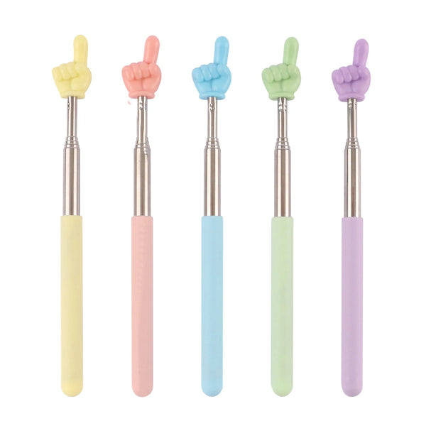 A set of five retractable teacher pointer sticks in yellow, pink, blue, green, and purple.