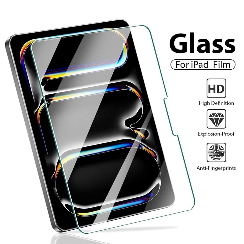 Clear tempered glass screen protector for an iPad, showing high definition and explosion-proof features.