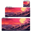A vibrant digital painting of The Great Wave of Kanagawa featuring dramatic pink and purple waves against a sunset sky.