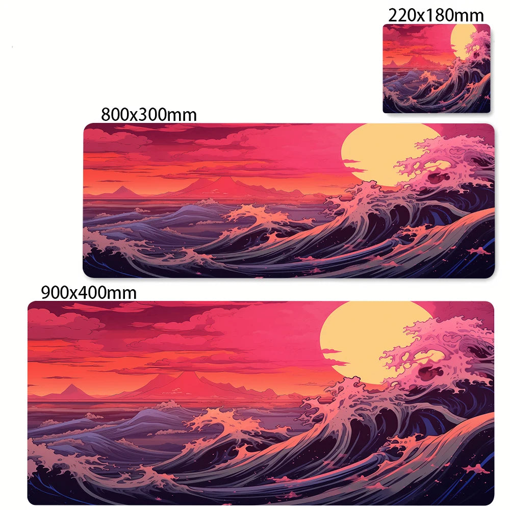 A vibrant digital painting of The Great Wave of Kanagawa featuring dramatic pink and purple waves against a sunset sky.