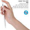 A hand holds a white stylus pen, demonstrating how to turn it on by tapping the button until the LED light turns blue.