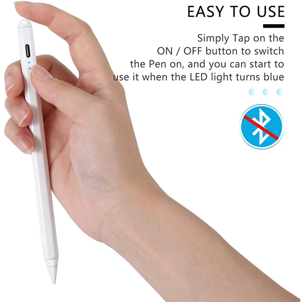 A hand holds a white stylus pen, demonstrating how to turn it on by tapping the button until the LED light turns blue.