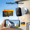 An intelligent monitor camera is shown next to a Kodak SD memory card and a smartphone displaying a live video feed.