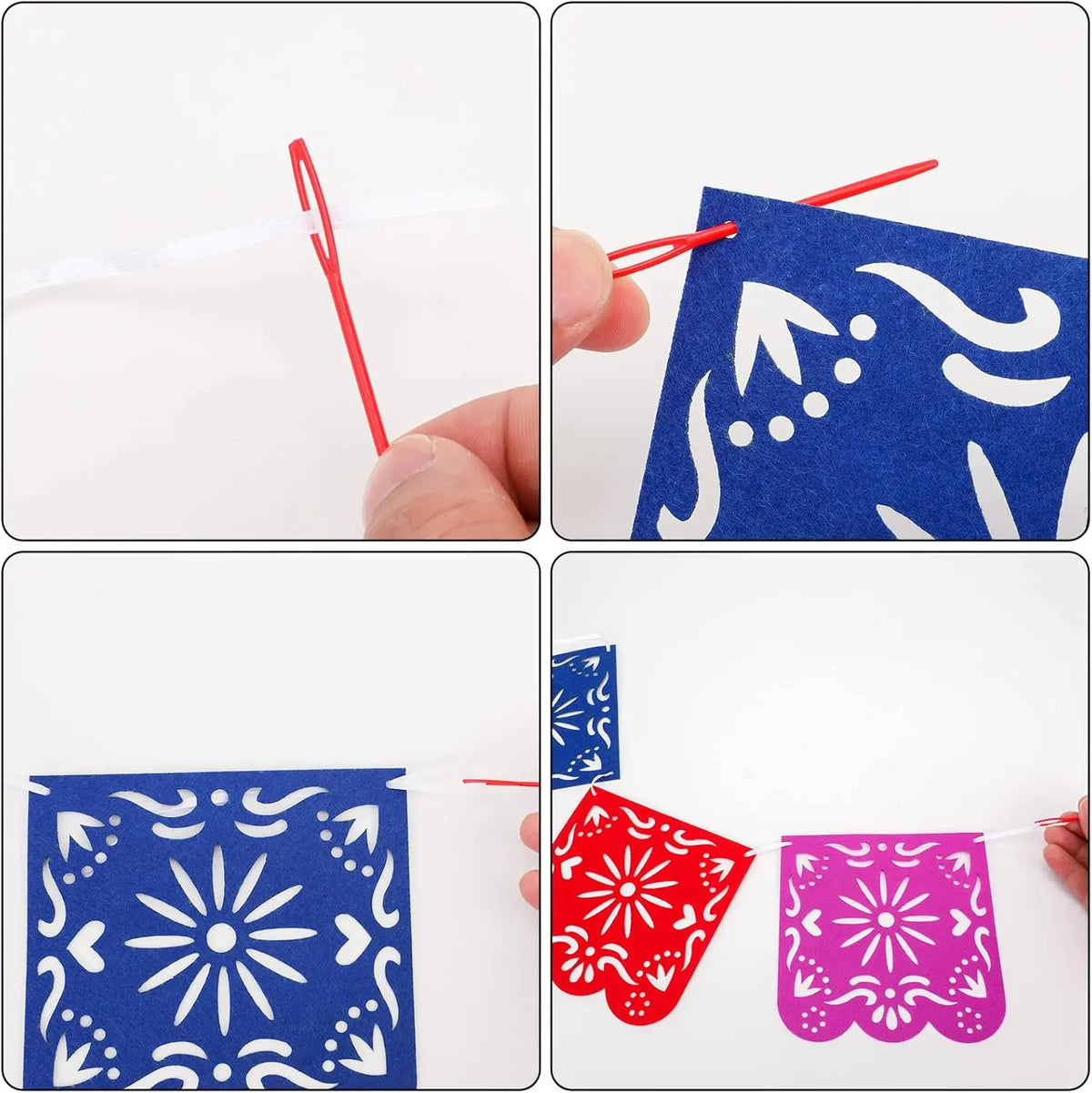 A set of colorful papel picado banners featuring intricate designs in blue, red, and purple on white paper.