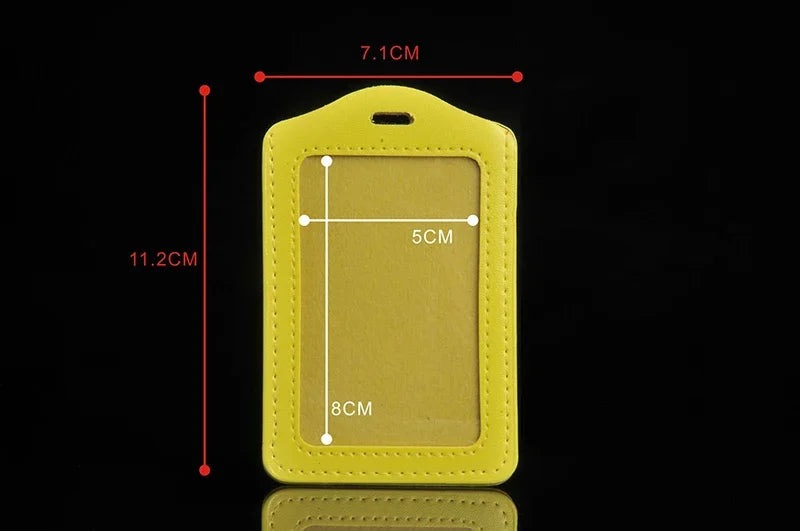 A yellow PU leather retractable ID card holder with a rectangular badge case shown against a black background.