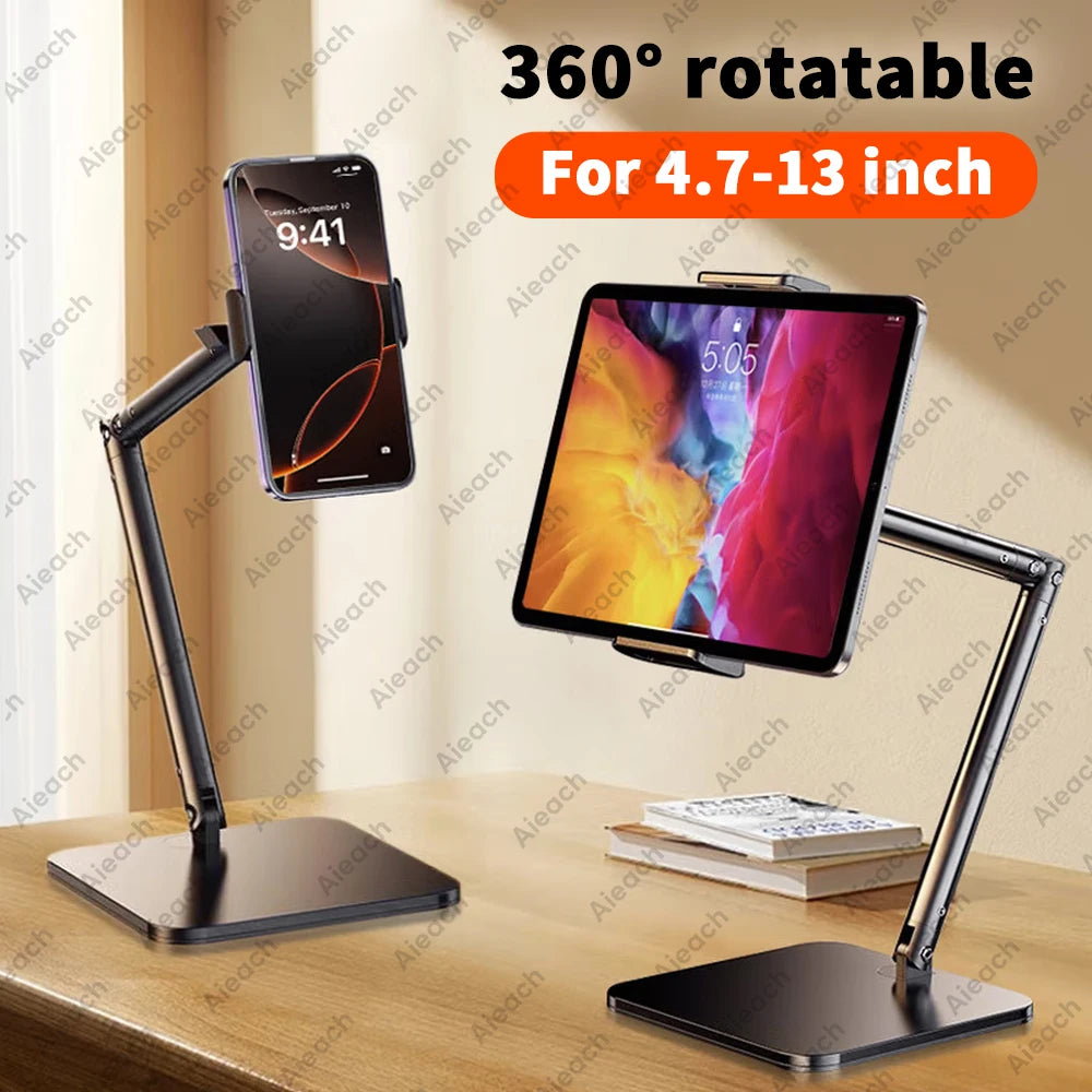 A flexible metal stand holding a smartphone and a tablet, demonstrating 360-degree rotatability.