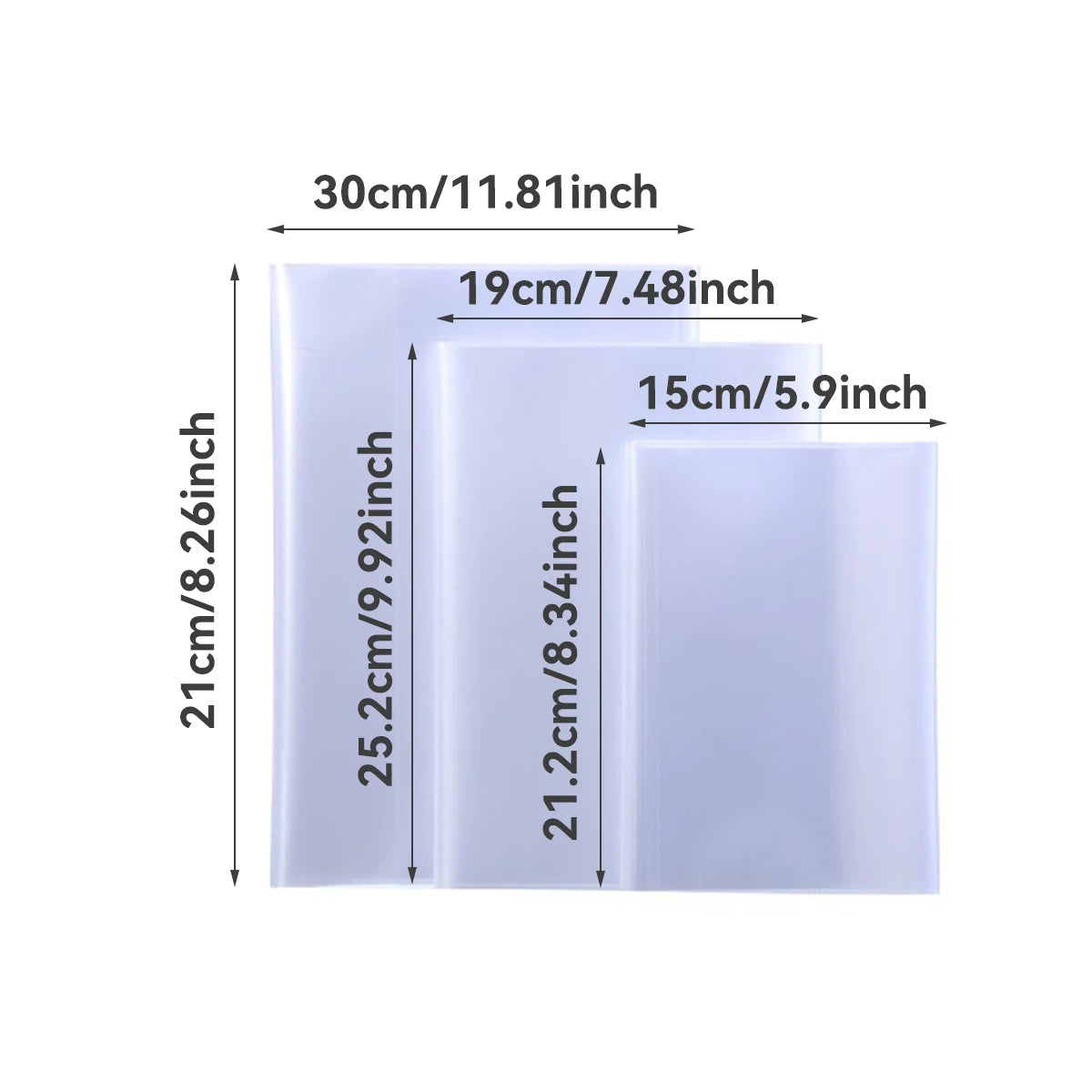Cubierta protectora transparente para documentos A4 y 16K, con sus dimensiones.