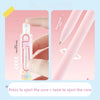Close-up showing how to use a gel pen by pressing to eject the core or twisting to eject the core