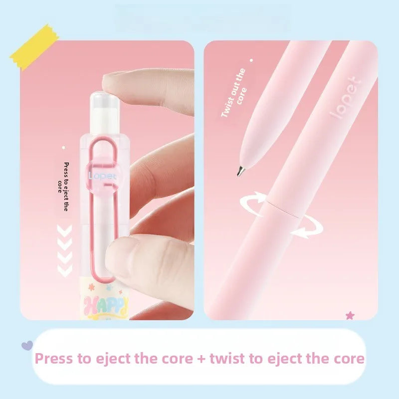 Close-up showing how to use a gel pen by pressing to eject the core or twisting to eject the core