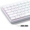 A close-up view of a white low profile mechanical keyboard with light pink backlighting and white keycaps.