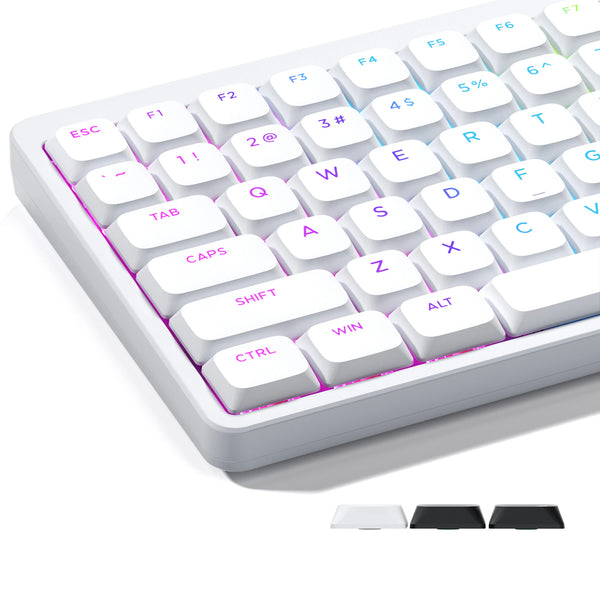 A close-up view of a white low profile mechanical keyboard with light pink backlighting and white keycaps.