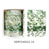 A set of five rolls of green and white floral patterned washi tape for crafting and journaling.