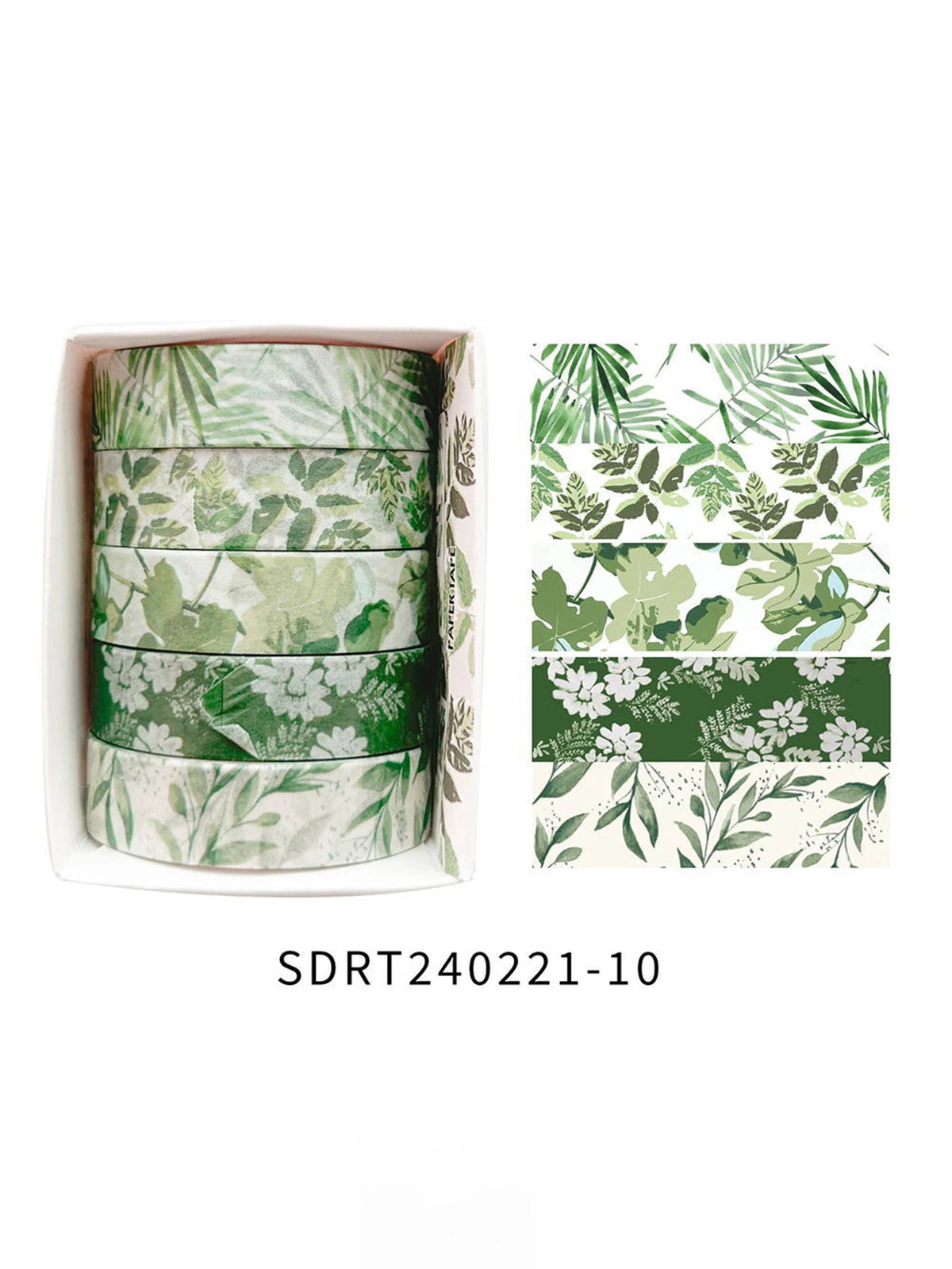 A set of five rolls of green and white floral patterned washi tape for crafting and journaling.