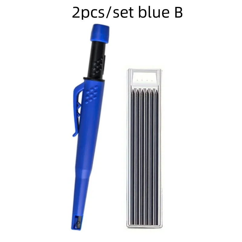 A blue mechanical carpenter pencil with a built-in sharpener and a separate sharpening block.