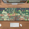A large desk mat featuring cute green frogs and various potted plants for a gaming setup.
