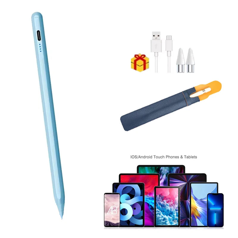 Helle blaue kapazitive Stift neben Ladekabeln und verschiedenen Tablets und Handys.