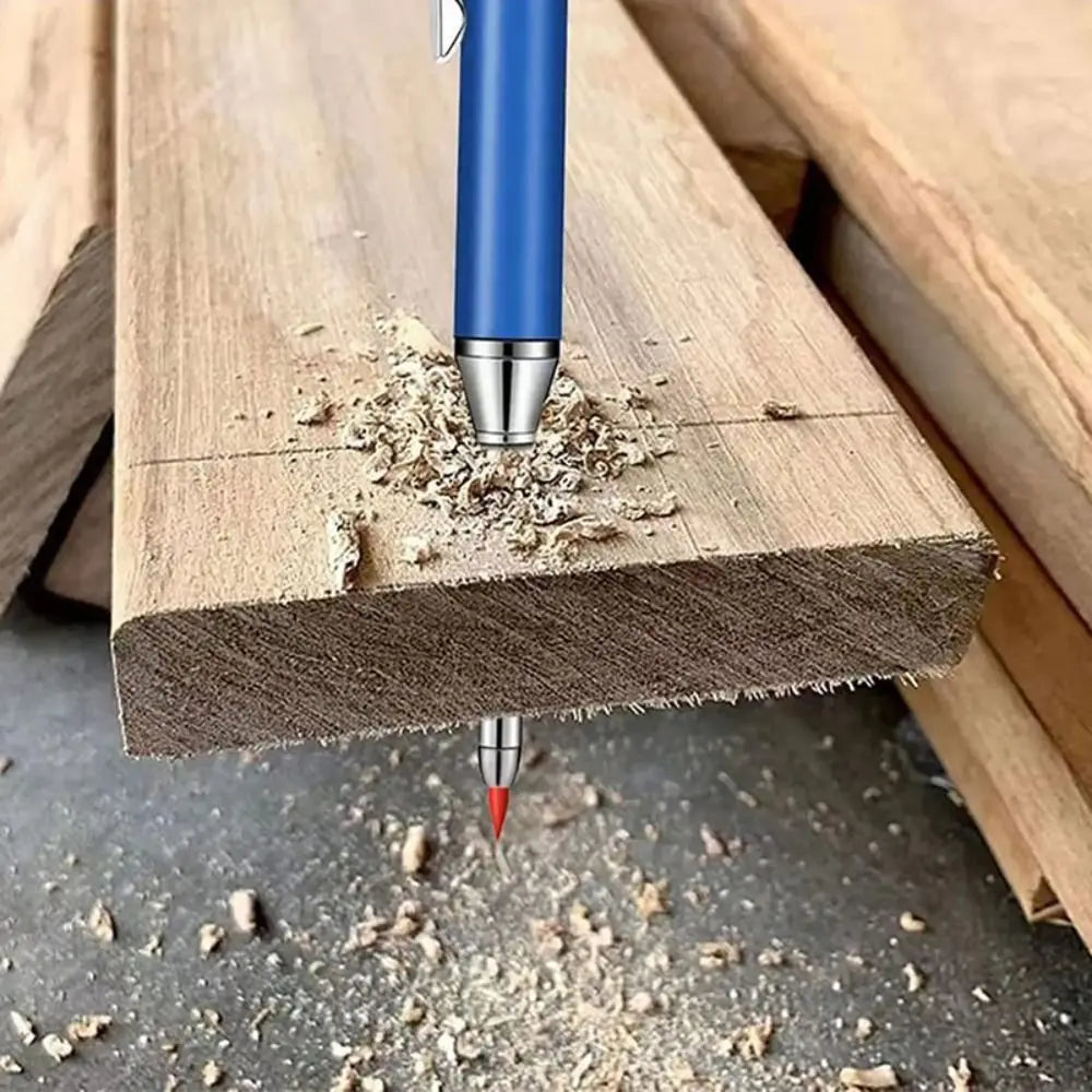A blue mechanical pencil with a sharpener is marking a line on a wooden plank.