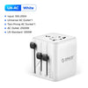 A white universal travel adapter with two prongs for AC outlets.