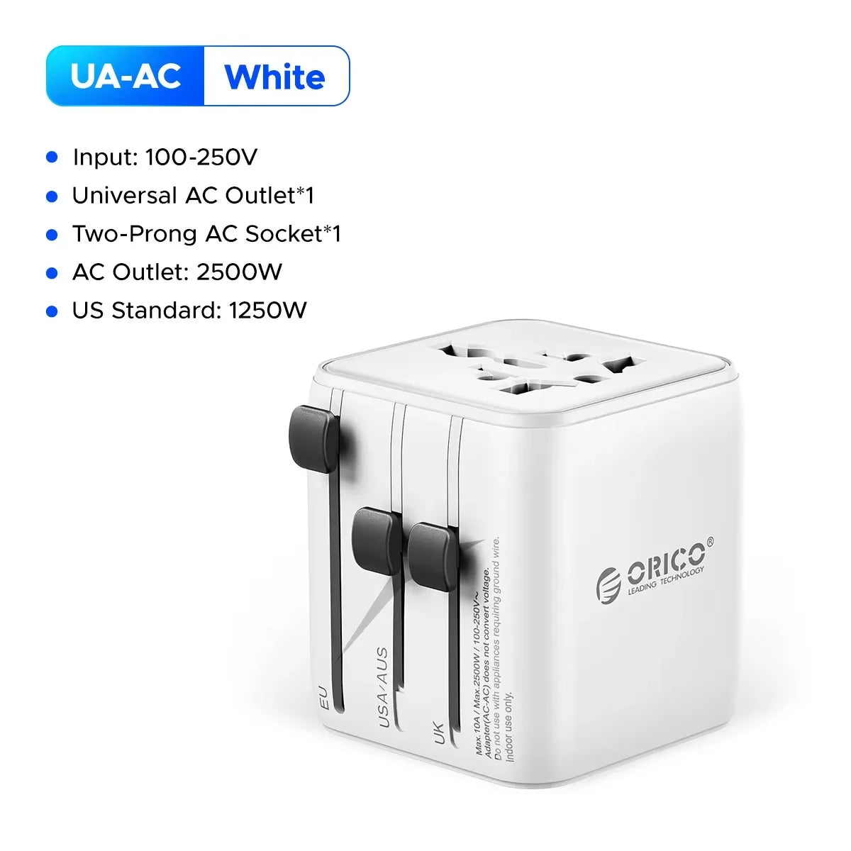 A white universal travel adapter with two prongs for AC outlets.
