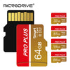 A set of MicroDrive PRO PLUS memory cards in various capacities, including 32GB, 64GB, and 128GB.