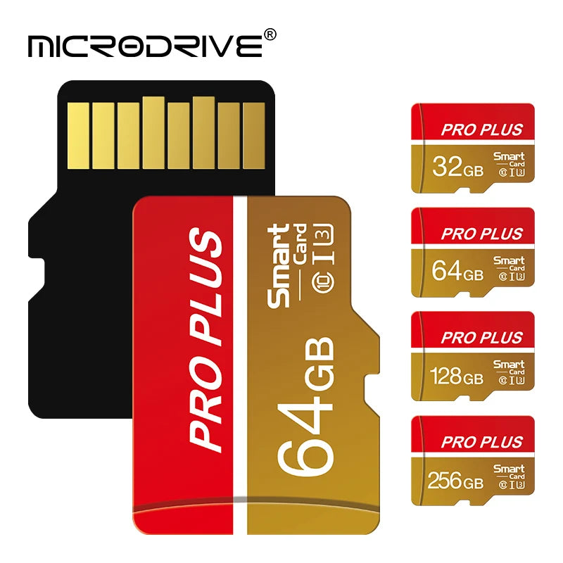 A set of MicroDrive PRO PLUS memory cards in various capacities, including 32GB, 64GB, and 128GB.