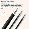 A black precision gel pen is shown with a replaceable core, demonstrating its refillable design.