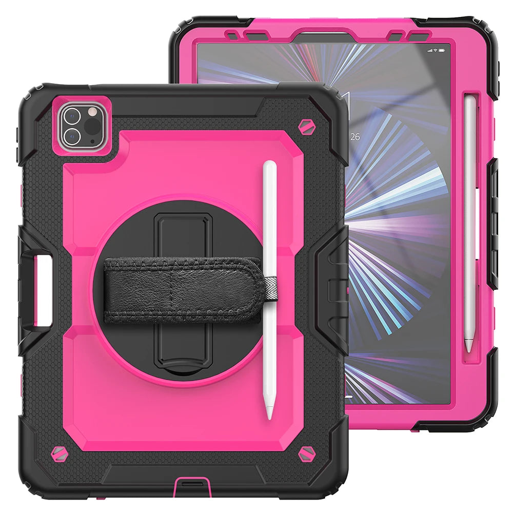A pink rugged case for an iPad showing the back cover and the front display with a rotating kickstand.