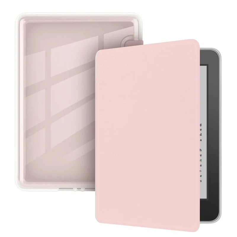 A light pink protective silicone cover for a 6-inch Kindle e-reader, shown in a closed and open view.