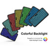 A collection of colorful backlit keyboard keys showing various RGB lighting patterns.
