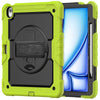 A lime green heavy duty shockproof iPad case shown open, displaying the internal features like a screen protector and strap.