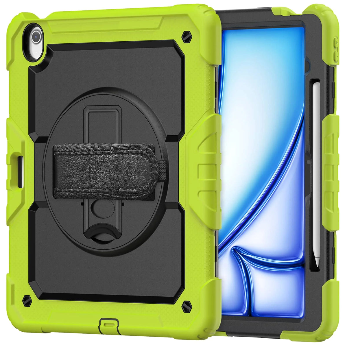 A lime green heavy duty shockproof iPad case shown open, displaying the internal features like a screen protector and strap.
