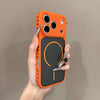 An orange frosted magnetic silicone case for an iPhone is held in a hand against a neutral background.