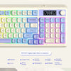 A white mechanical keyboard with RGB lighting features various keys and a double segment foot support.
