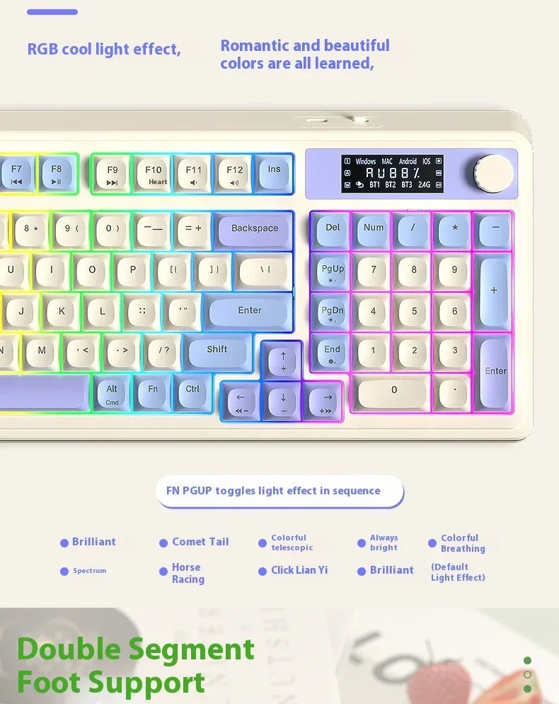 A white mechanical keyboard with RGB lighting features various keys and a double segment foot support.