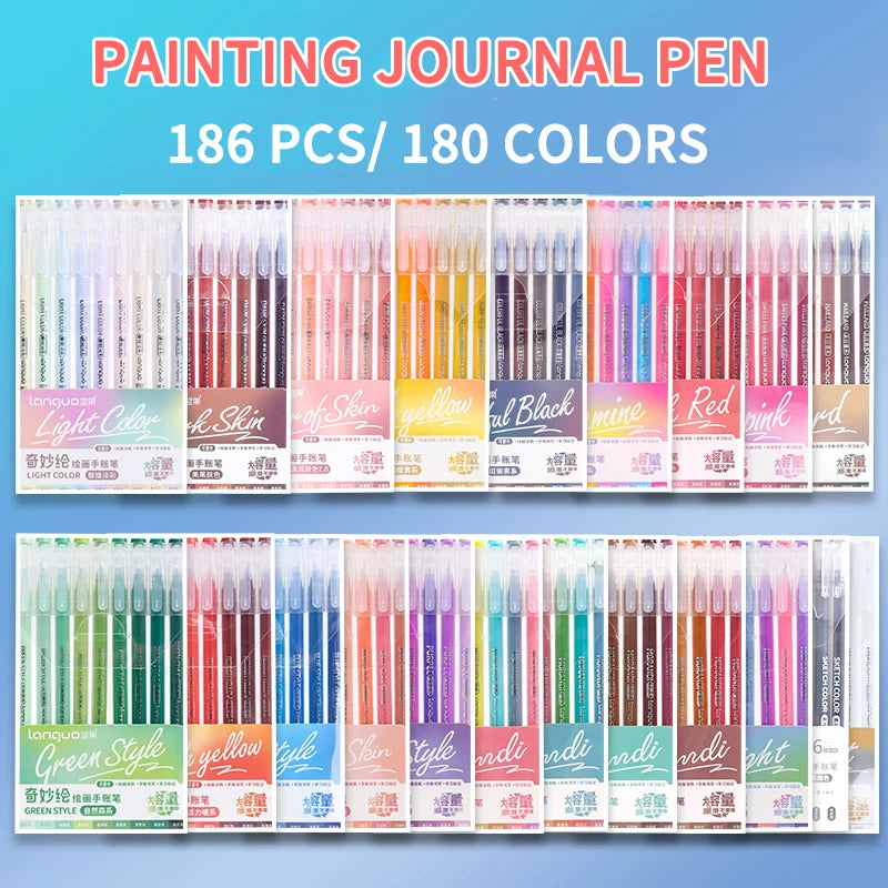 A collection of 186 painting journal pens in 180 colors displayed in various packaging.