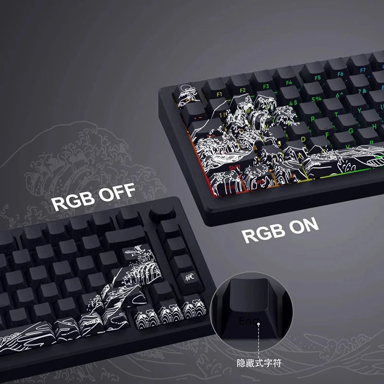 Comparison of mechanical keyboard keycaps with RGB off and RGB on features