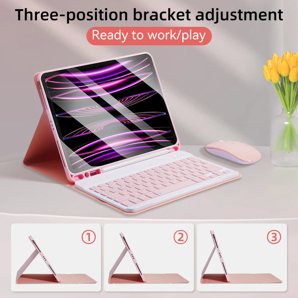 A pink iPad keyboard case showing three positions for bracket adjustment, ready to work or play.