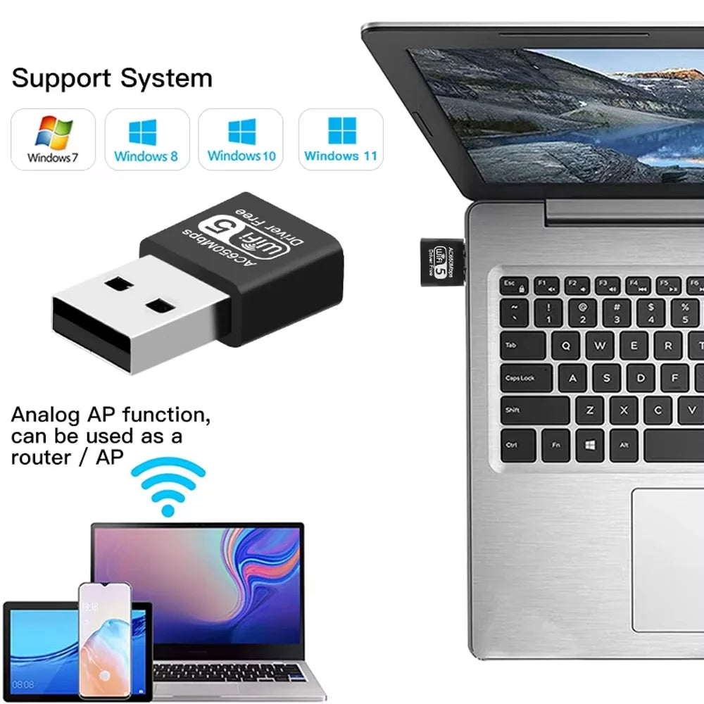 A dual band WiFi adapter is shown with various operating system logos and a laptop.