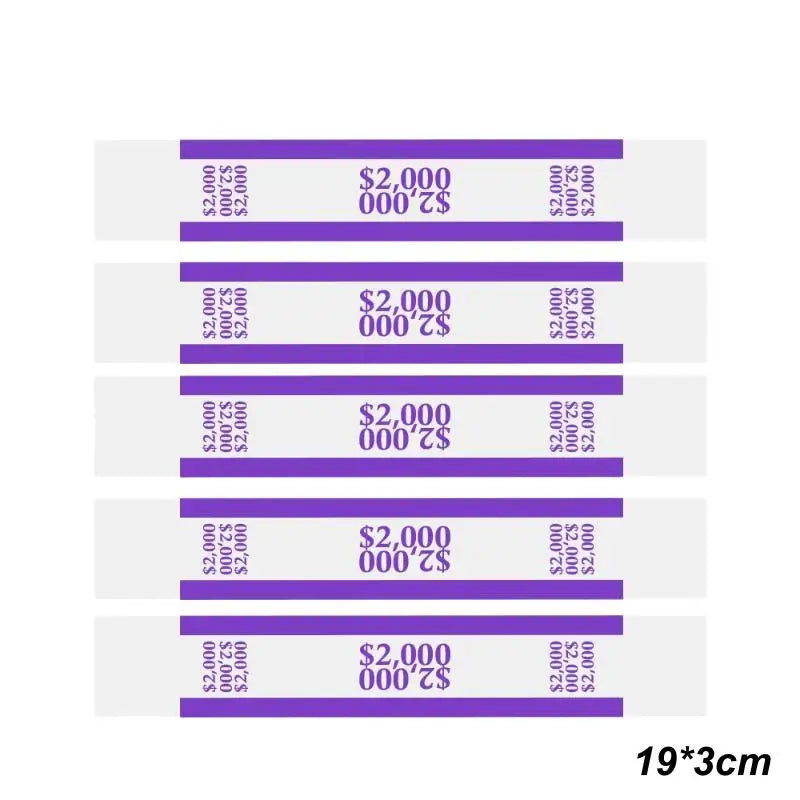 A set of 100 self-sealing money straps in purple and white packaging.
