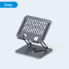 A grey 360° rotating aluminum tablet stand with adjustable height.